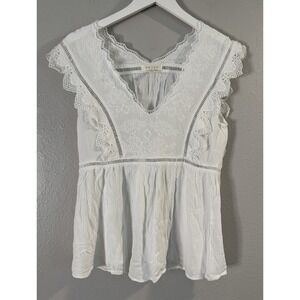 Boho Embroidered Gauze Top Cottagecore Lace Flutter Sleeve Peasant Blouse Small